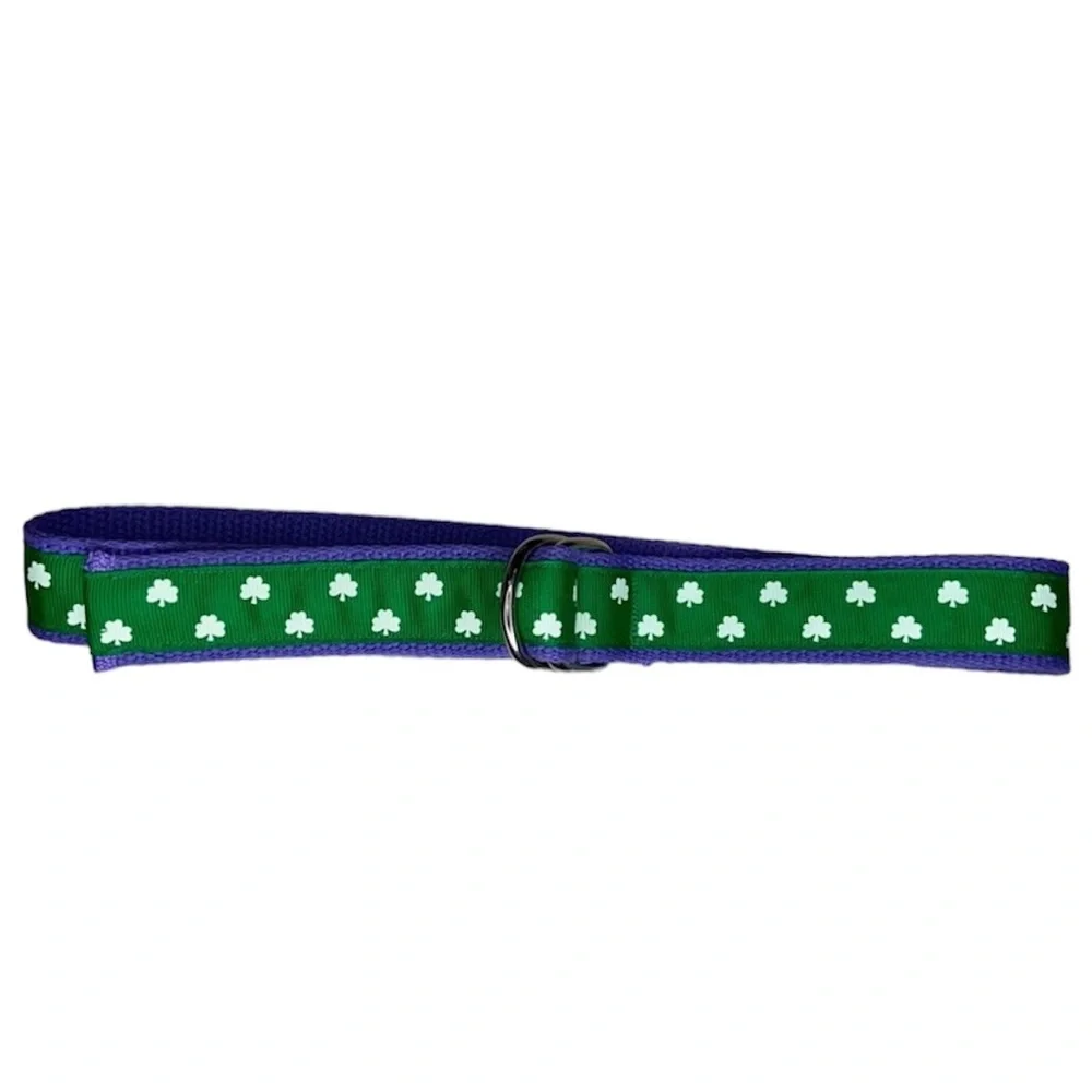 Green with white Shamrocks Youth Nylon ribbon Belt D-Ring